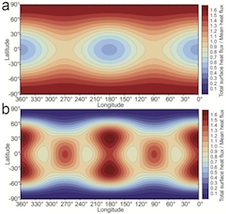 map of the predicted heat flow at the surface of Io from different tidal heating models