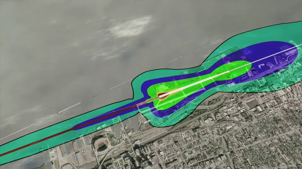 Satellite view of an airport with an overlay of noise impact.