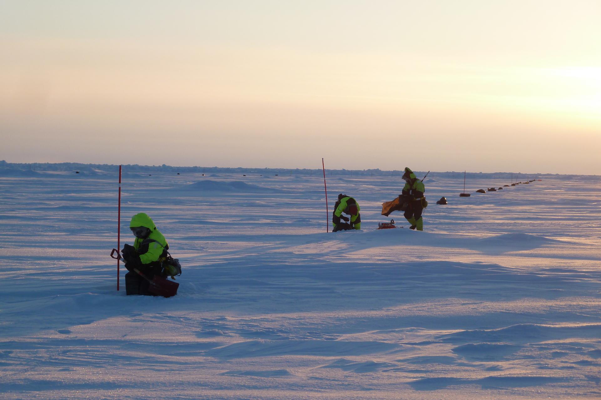 The overflight field, located on a large sea ice floe, is marked with dark plastic bags and orange poles.