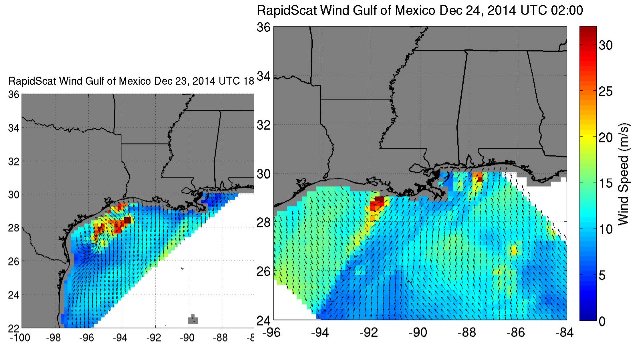 Two maps of wind in the Gulf of Mexico on Dec. 23 and 24, 2014, The wind is fastest near Texas and Louisiana. 