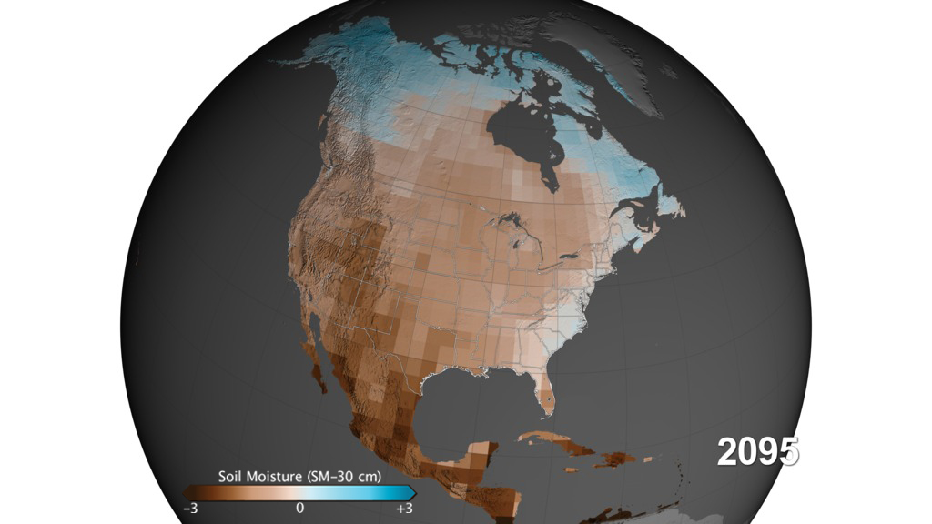 North American map of estimated ground moisture in 2095 based on a moderate emissions scenario