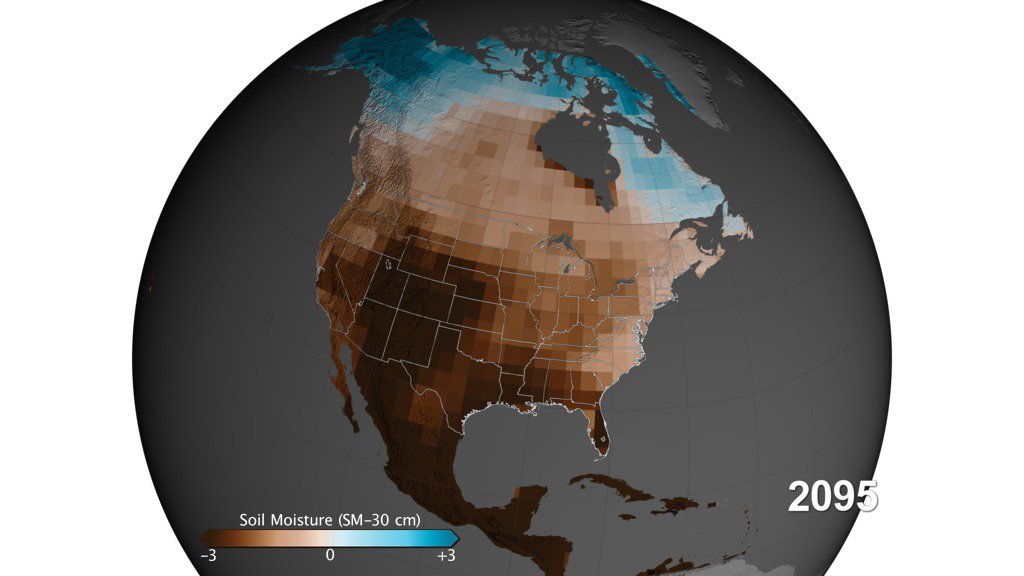 North American map of estimated ground moisture in 2095 based on a high emissions scenario