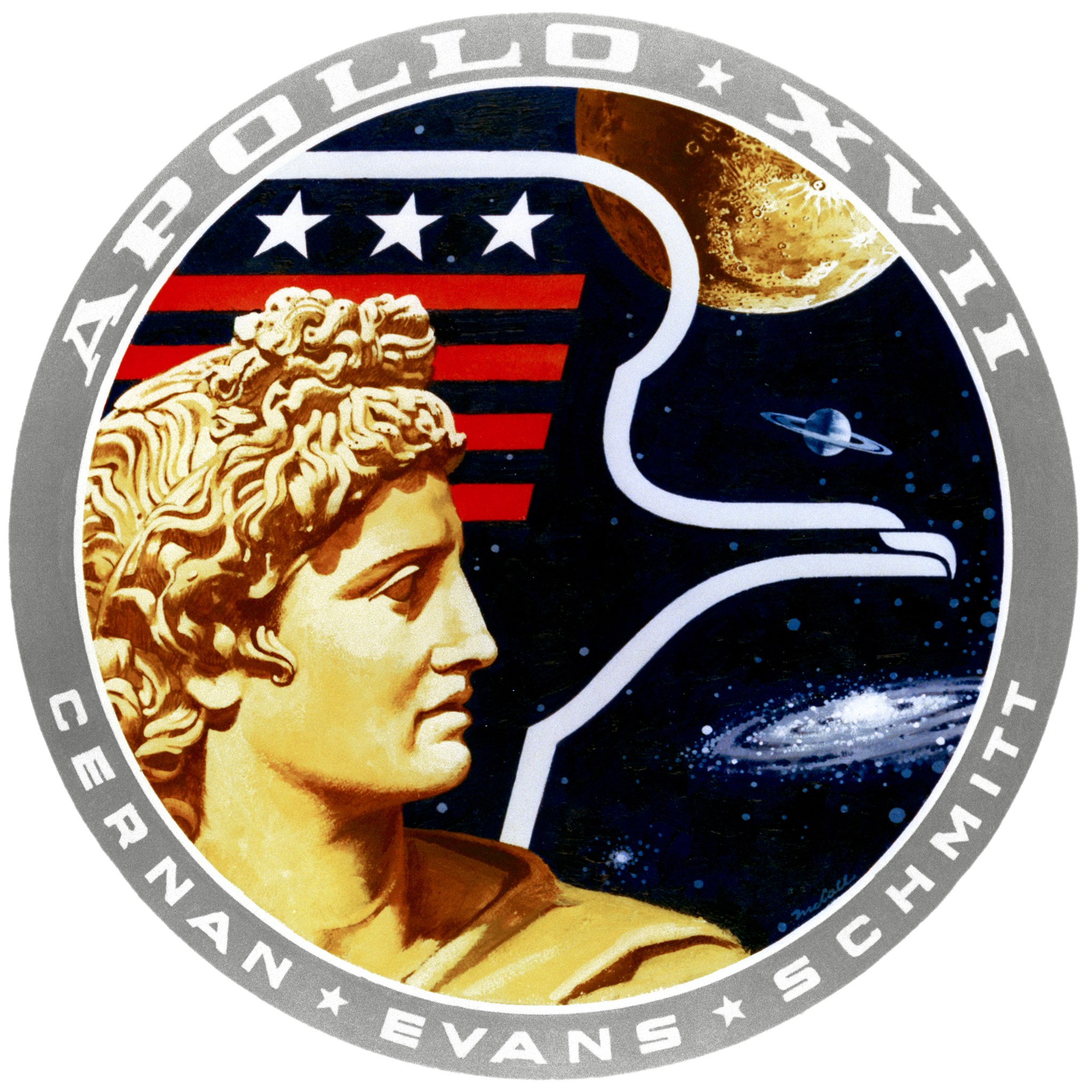Apollo 17 emblem with image of Greek god Apollo, Americna eagle, mission name and astronauts' names