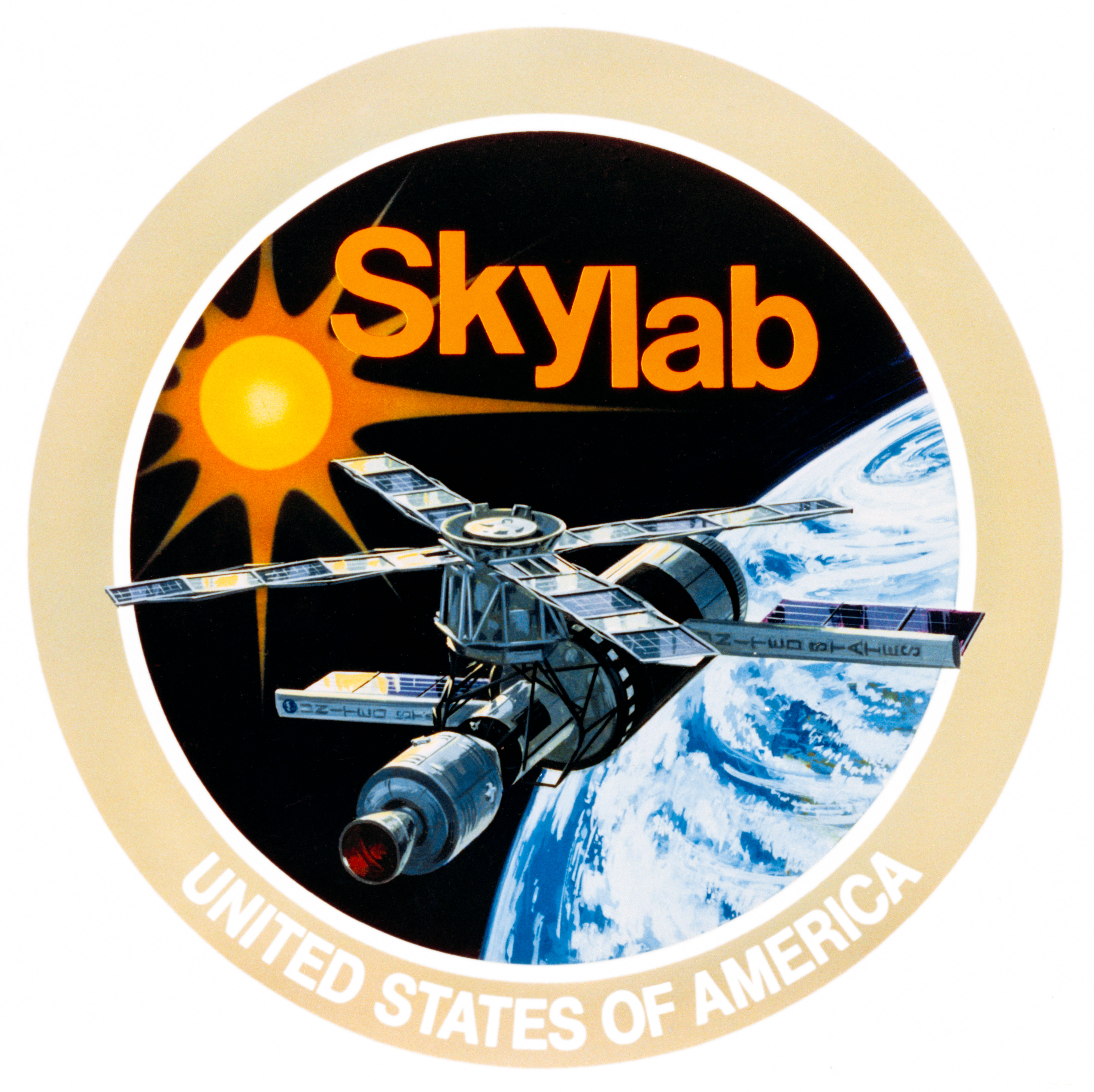 Skylab program official emblem with image of Skylab and Earth and sun in background
