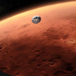 Vehicle in space entering Mars atmosphere.