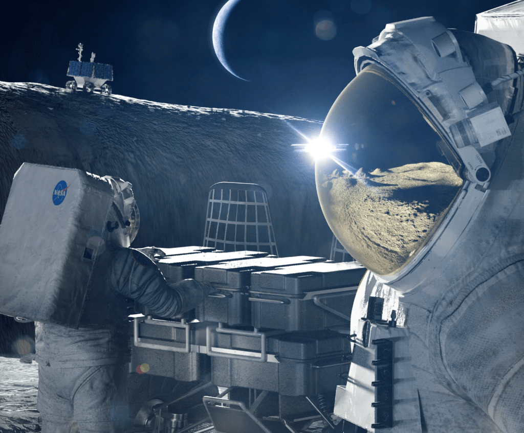 Astronauts on working on the lunar surface.