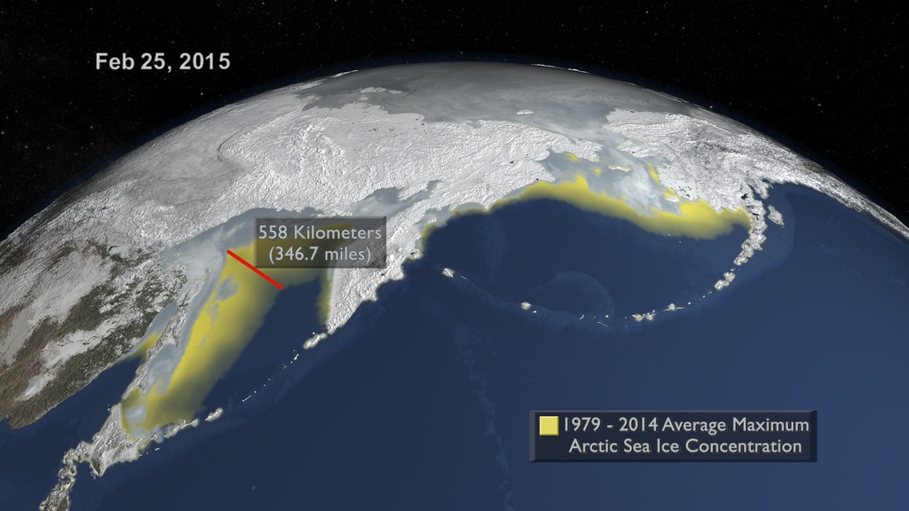 depiction of likely Arctic sea ice maximum extent for 2015, on Feb. 25, with historical average indicated in yellow