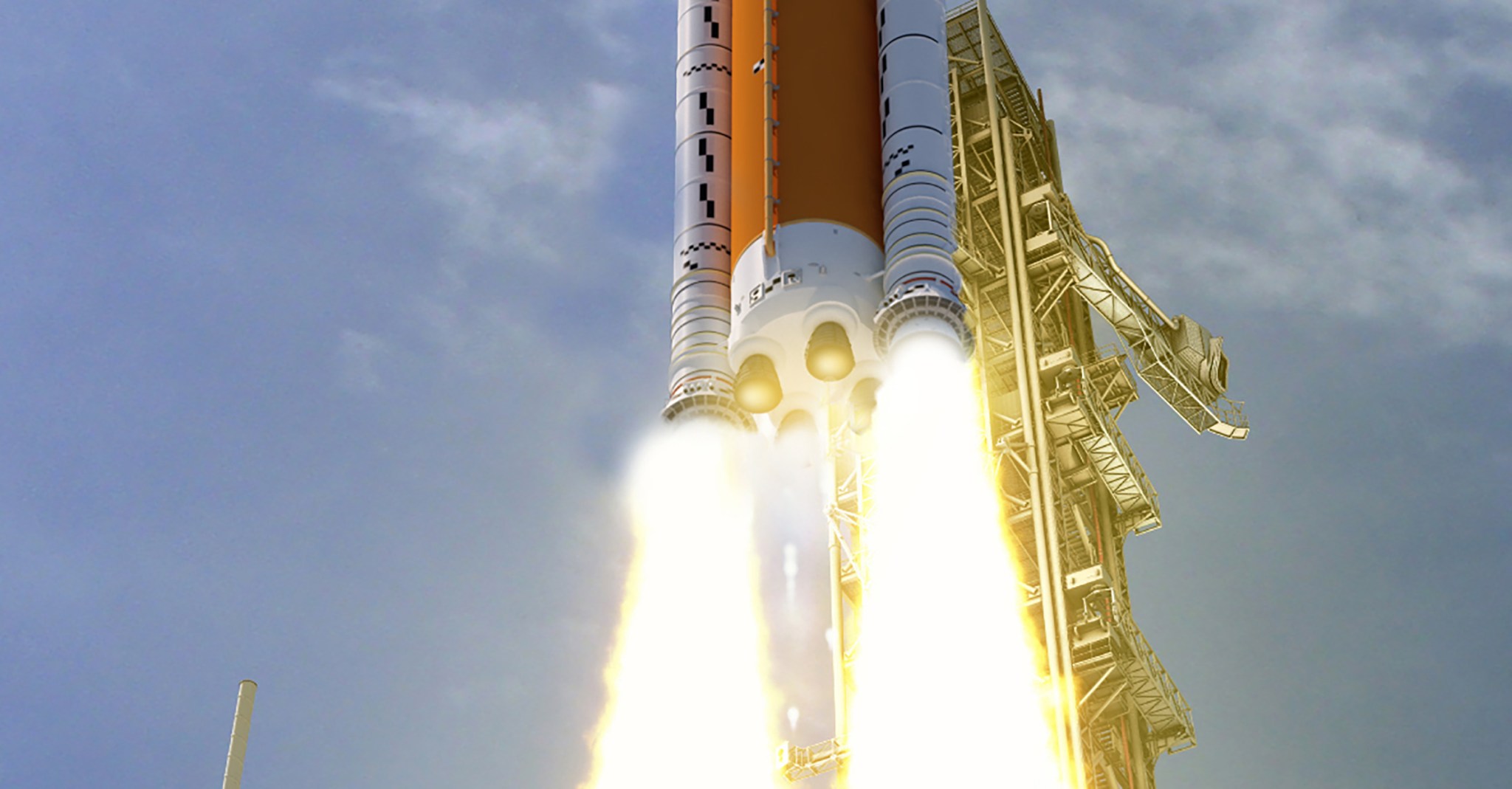 Artist rendering of the RS-25 engines powering the liftoff of the 70-metric-ton (77-ton) lift capacity configuration SLS