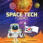 Space Tech Fun Pad Cover with artist rendition of astronaut on planetary surface with flags. There are various planets in the background.
