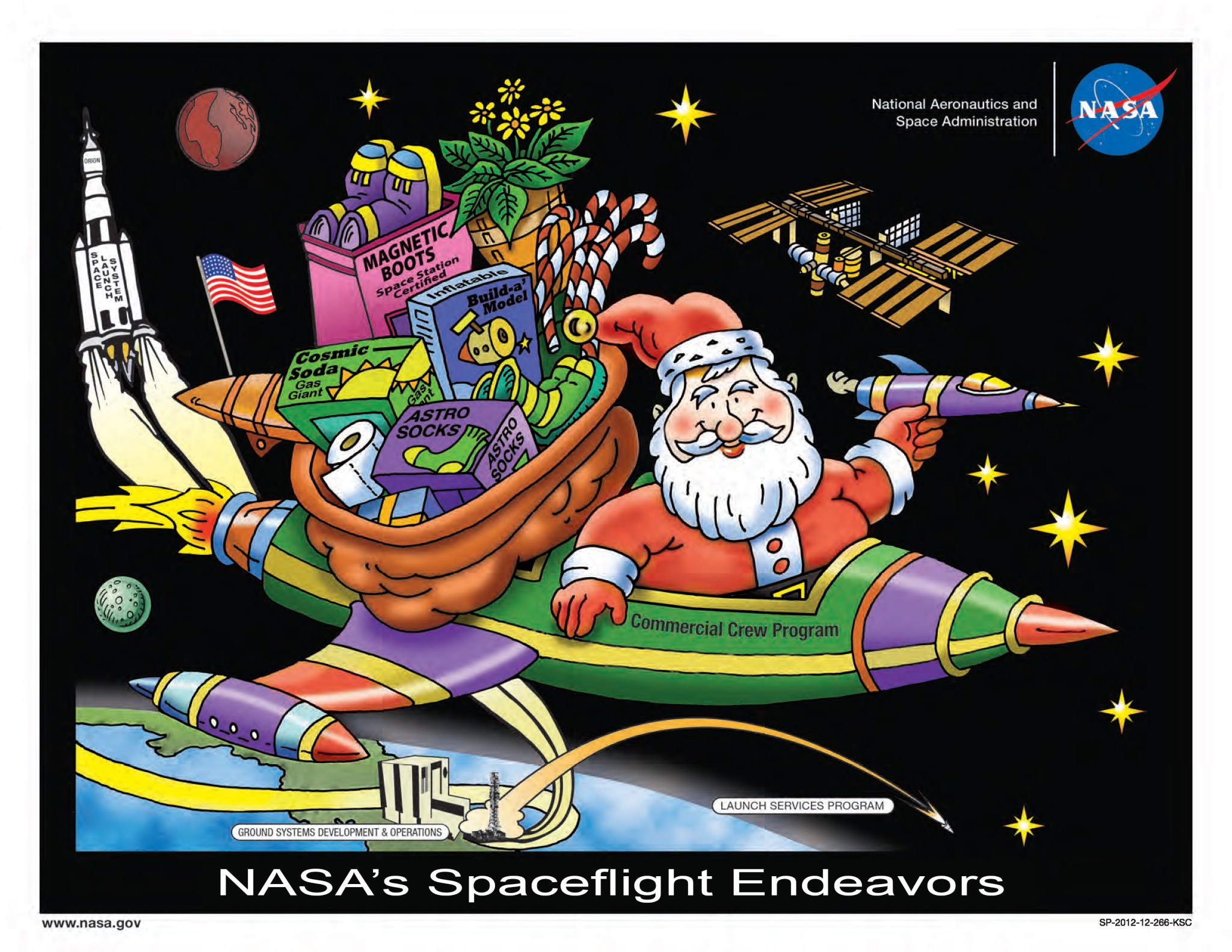 Kennedy Space Center's holiday poster, depicting Santa Claus and NASA's spaceflight endeavors. 
