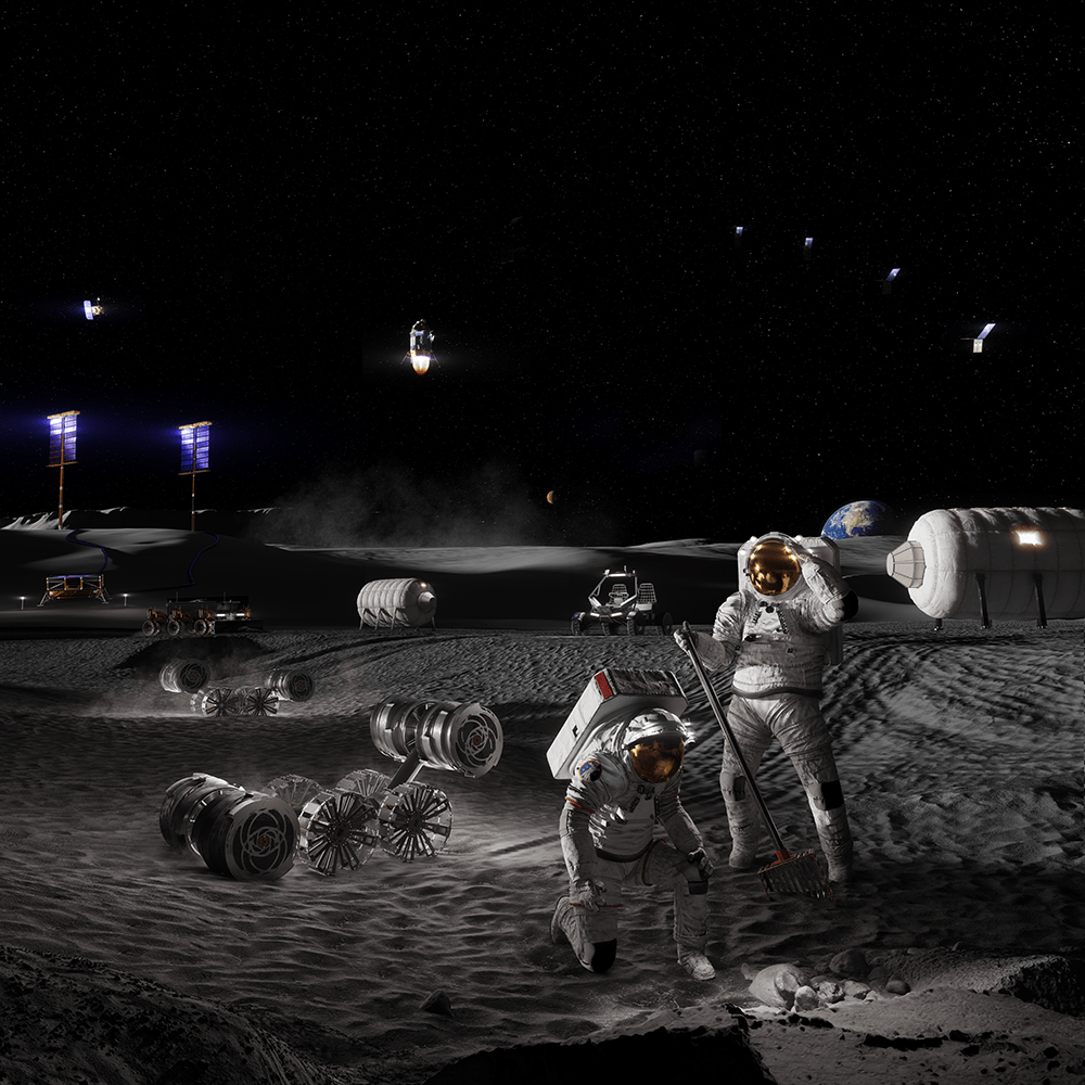 Astronauts working on a lunar base.