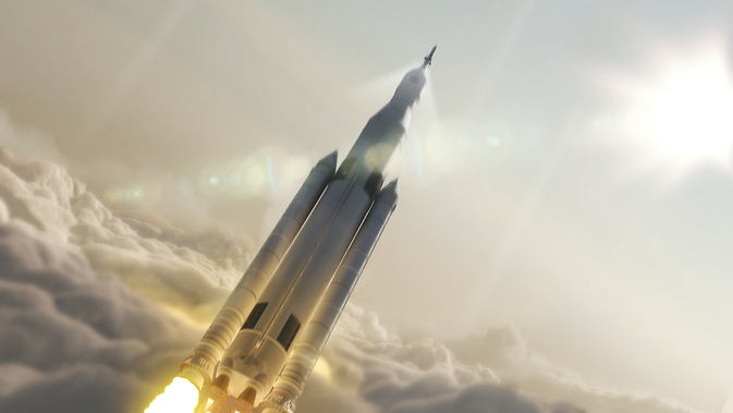 Artist concept of NASA’s Space Launch System (SLS) 70-metric-ton configuration launching to space.