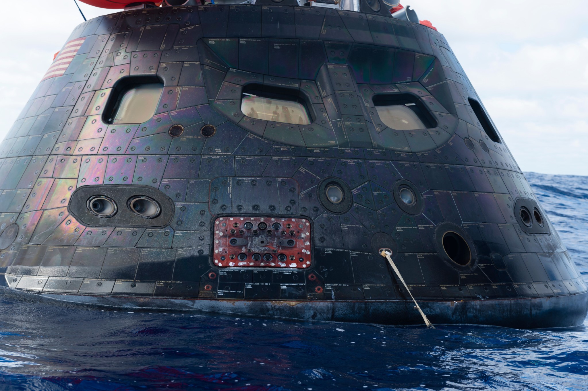 Orion’s windows are pictured in this photograph taken Dec. 5, 2014 after the spacecraft splashed down in the Pacific Ocean follo