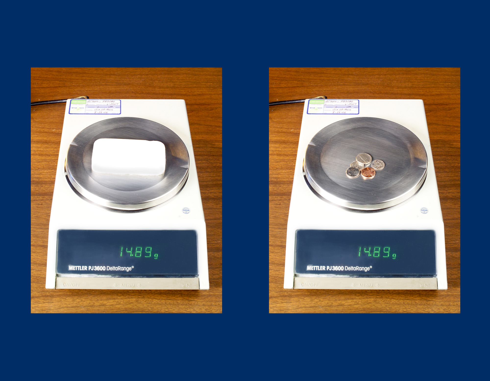 Comparison of the weight between an Aerogel material sample and a collection of 3 dimes, 1 nickle and 1 penny.