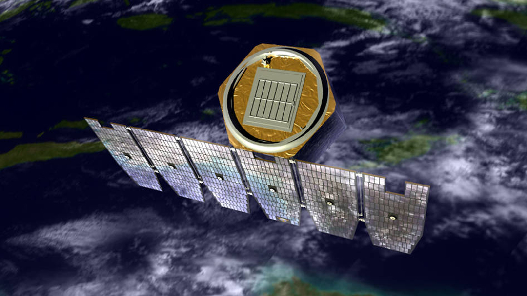 An artist's rendition of the AIM spacecraft in orbit above Earth.