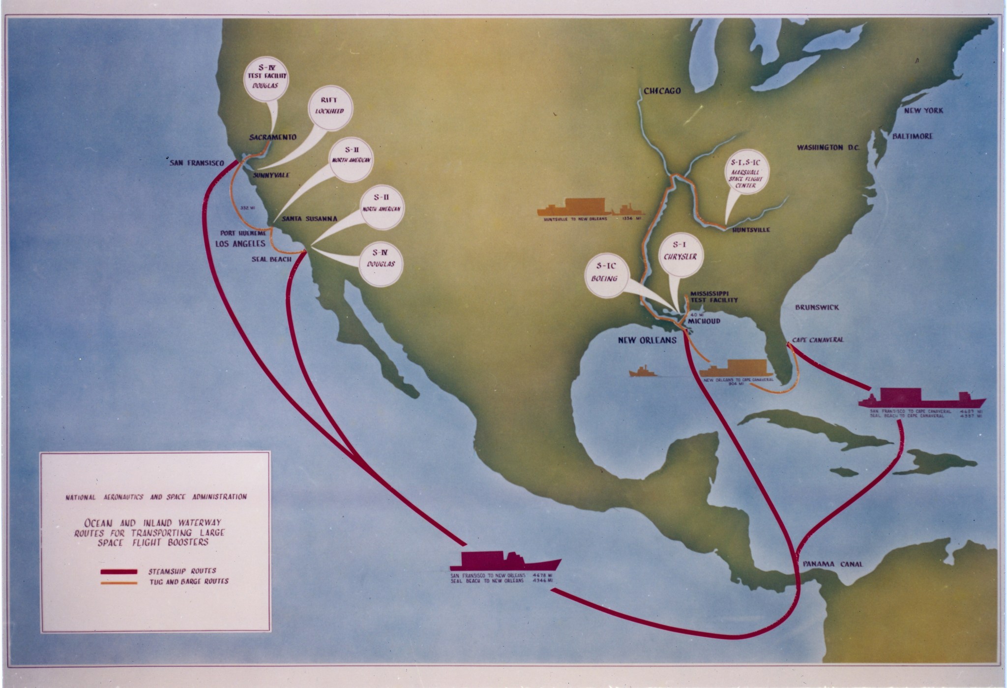 Map of the U.S. with lines showing ship routes