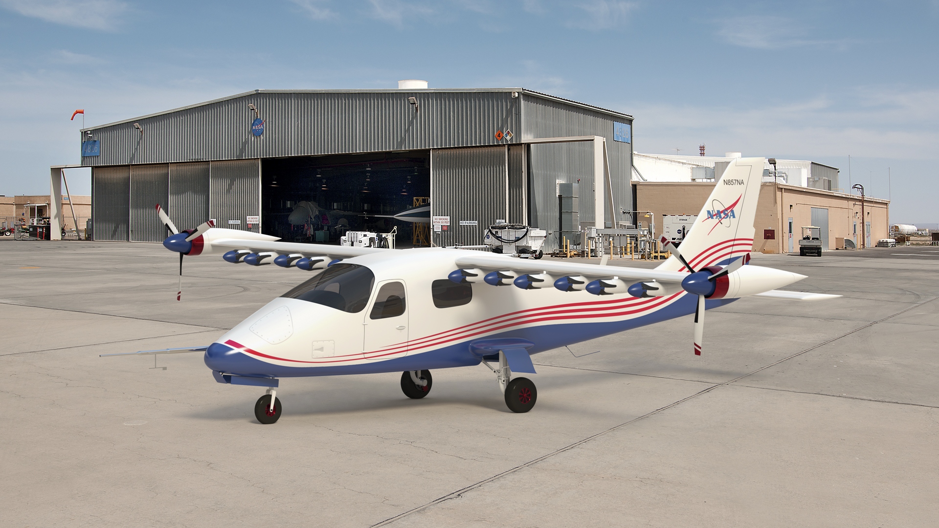 Artist concept of the X-57 Maxwell in front of a hangar.