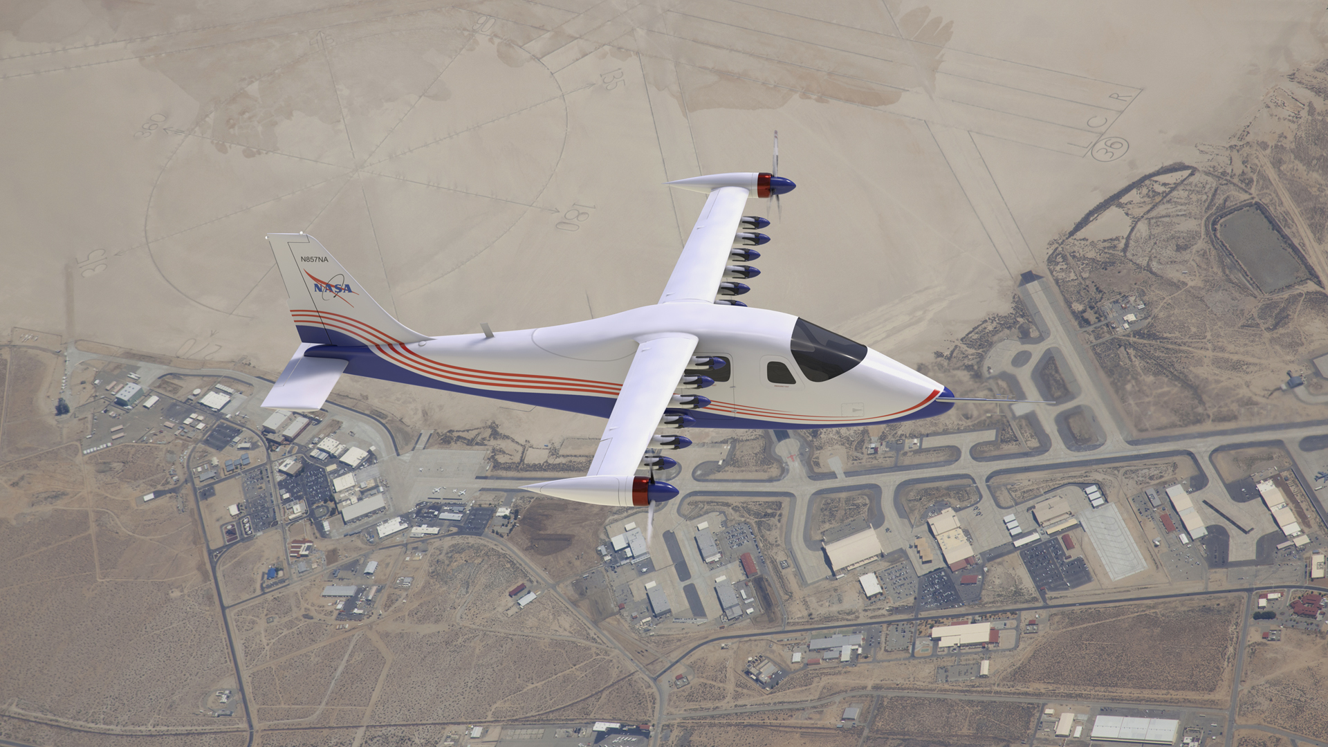 Artist concept of the X-57 Maxwell in flight over NASA's Armstrong Flight Research Center.