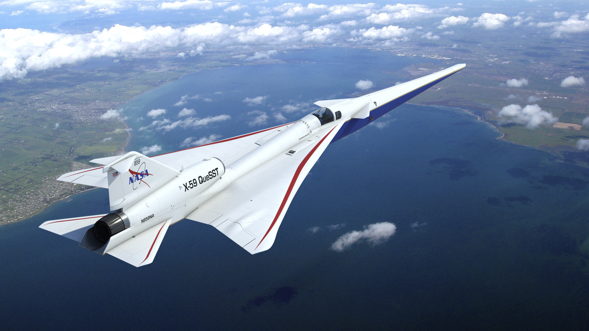 Artist concept of NASA's Quiet SuperSonic Technology jet in flight.