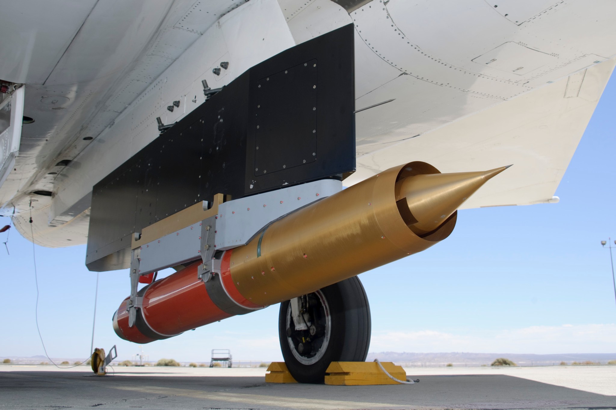 The channeled center-body inlet design, shown here in a subscale test version is mounted underneath NASA's F-15B 