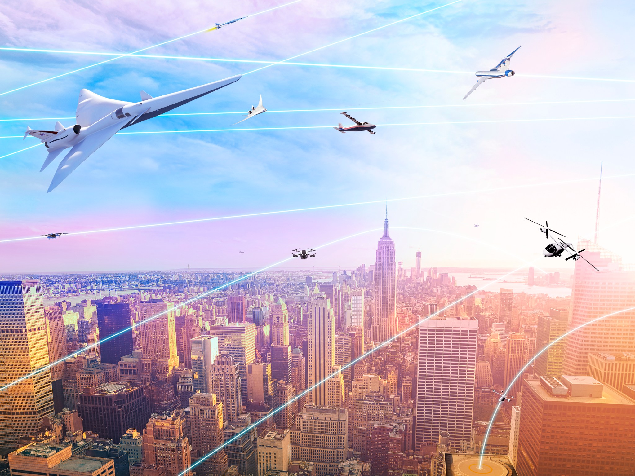 Artist concept of various aircraft in flight over an urban area.