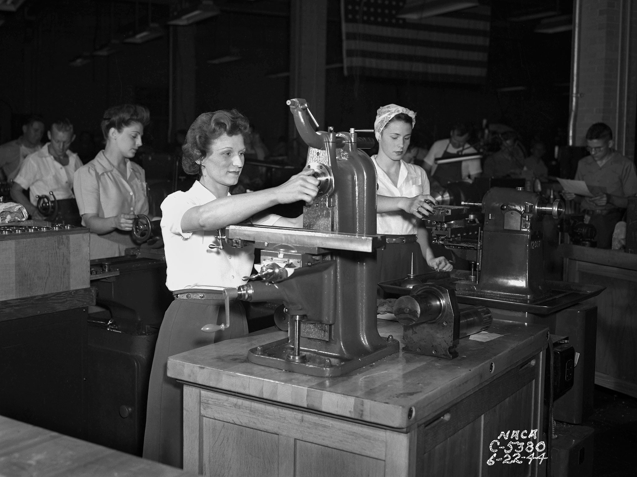 Women working in a machine shop at Lewis Research Center in the 1940s.