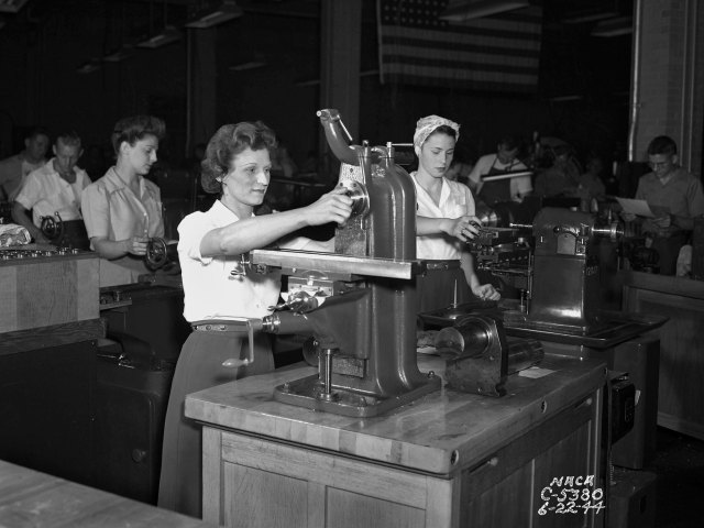 Women working in a machine shop at Lewis Research Center in the 1940s.