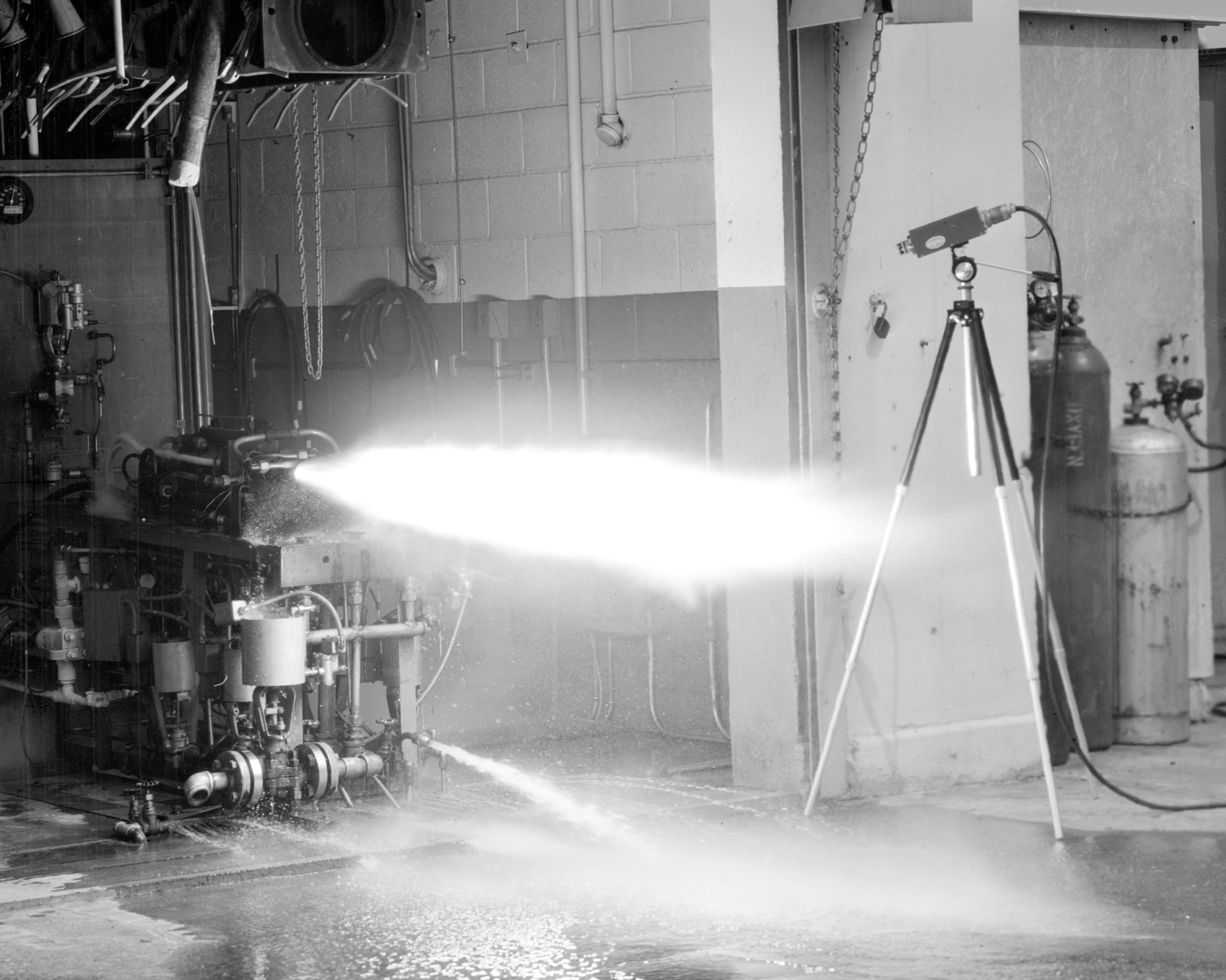 A General Precision Laboratory television camera system filmed the firing of a 1,000-pound thrust rocket at a lab back in 1957.