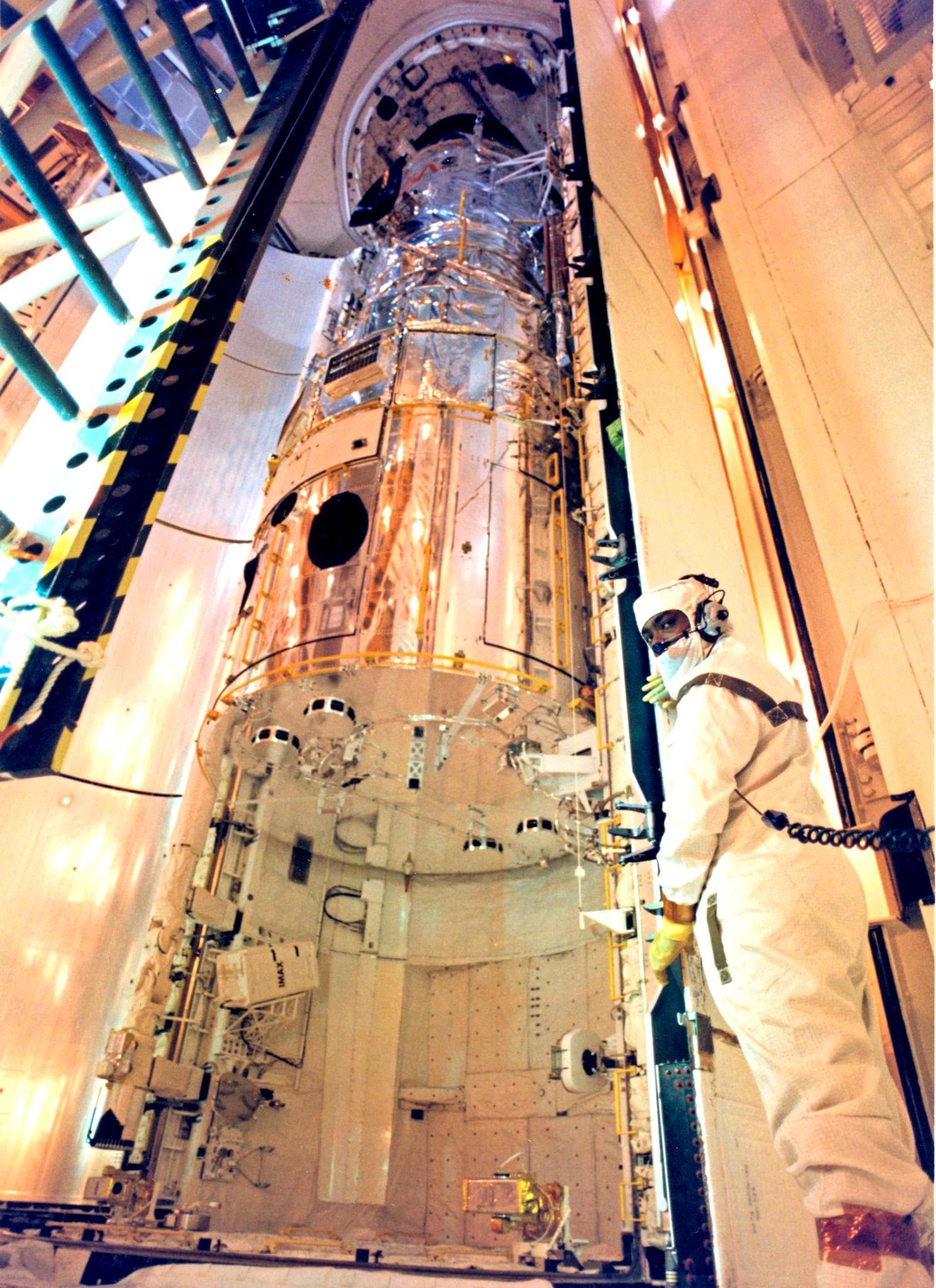 The Hubble Space Telescope in the Vertical Processing Facility.
