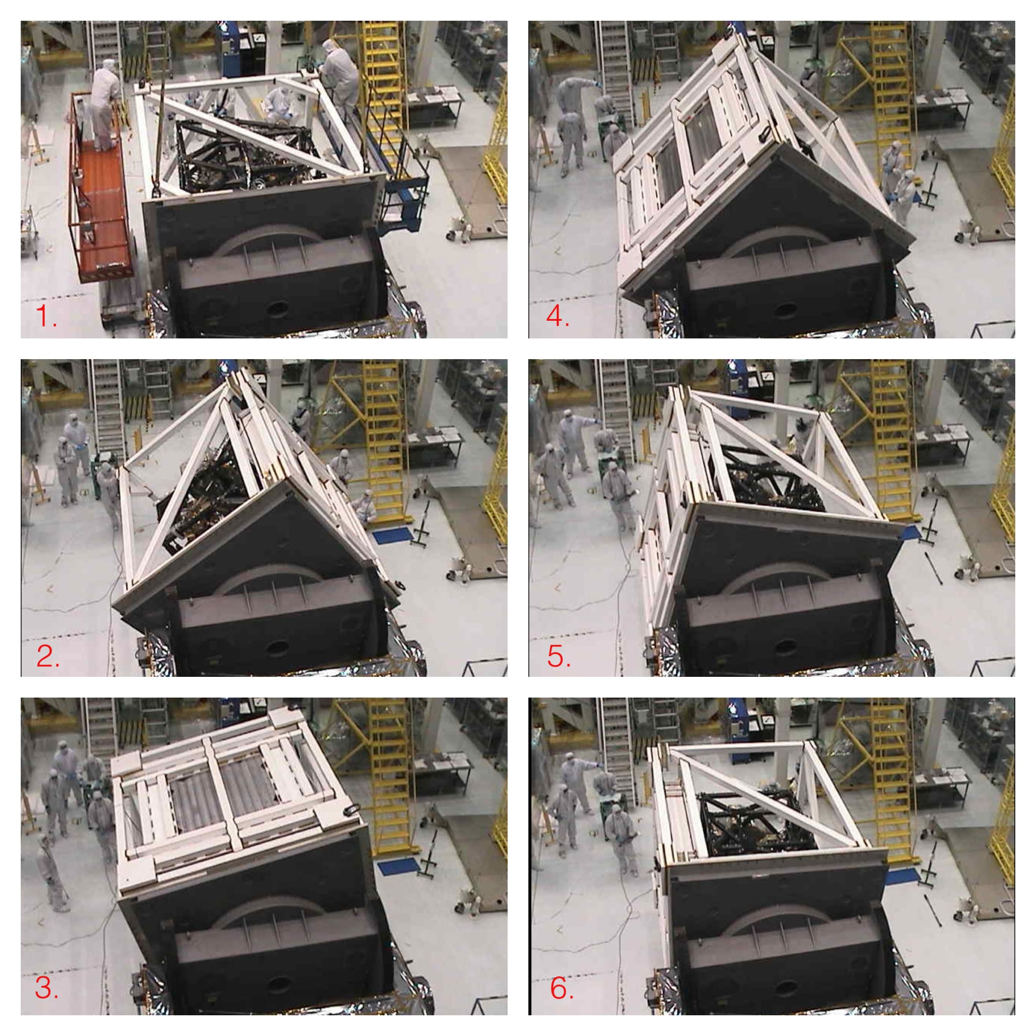 Six images of ISIM throughout the text. The silver cube-shaped frame is being rotated, and each image shows it further rotated. People in white clean room suits are watching from the ground.