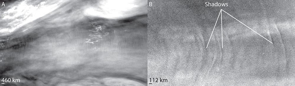 Two images of Jupiter's atmosphere. This pattern of light and dark stripes in Jupiter's atmosphere likely extended all the way around the planet.