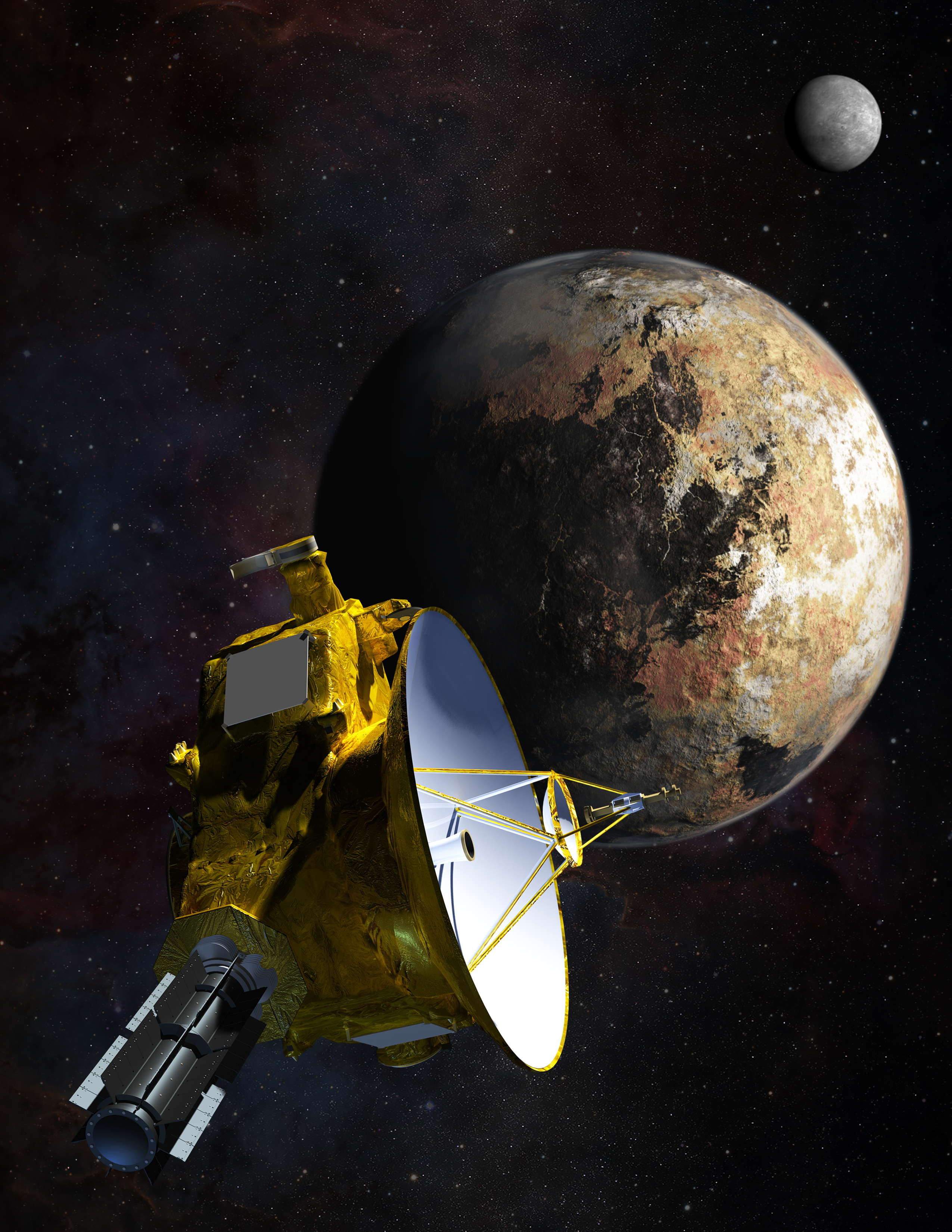 New Horizons spacecraft as it approaches Pluto and it's largest moon, Charon
