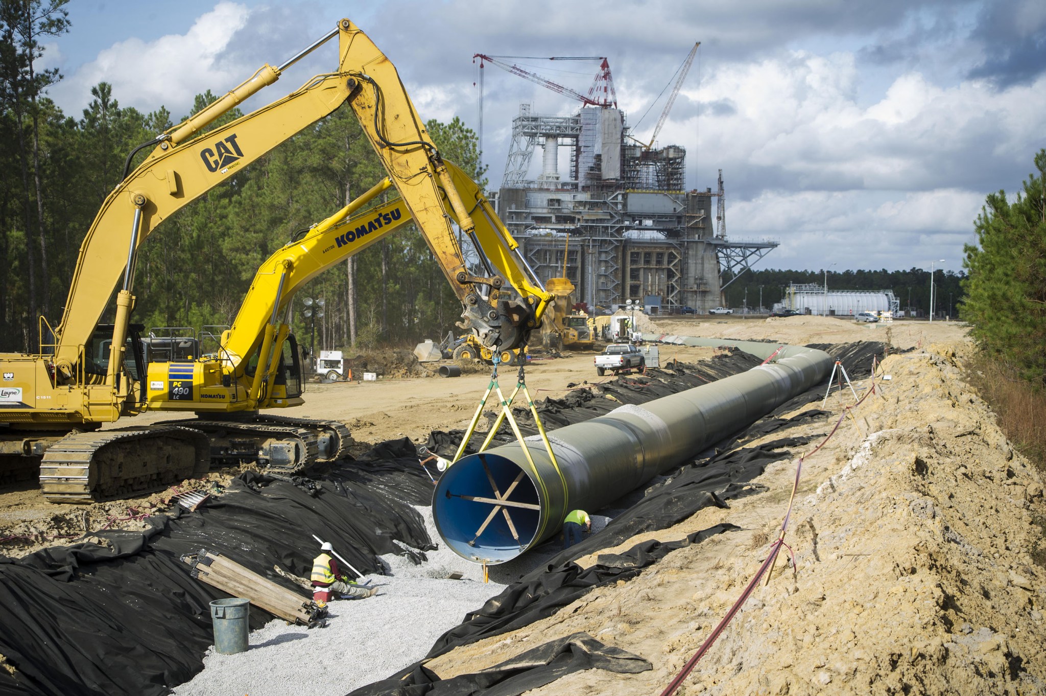 Water piping is installed near the B-1/B-2 Test Stand at Stennis Space Center