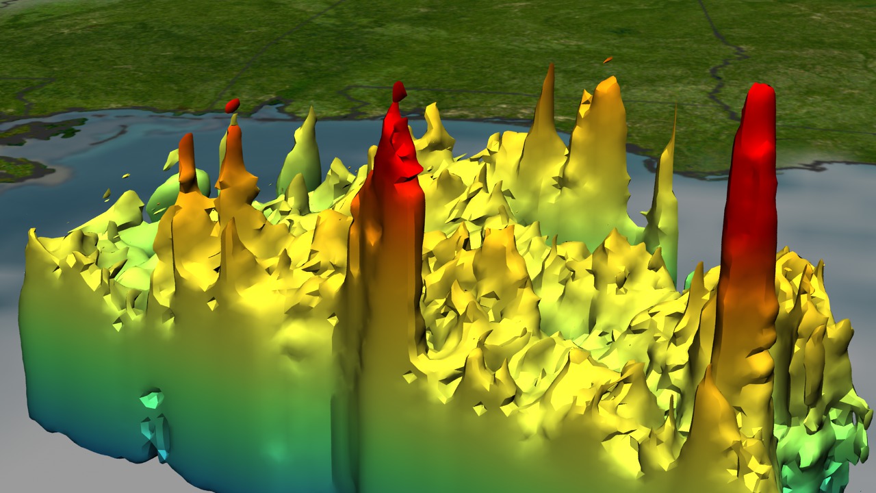 A 3-D image of a storm; bright colors delineate the heights of features