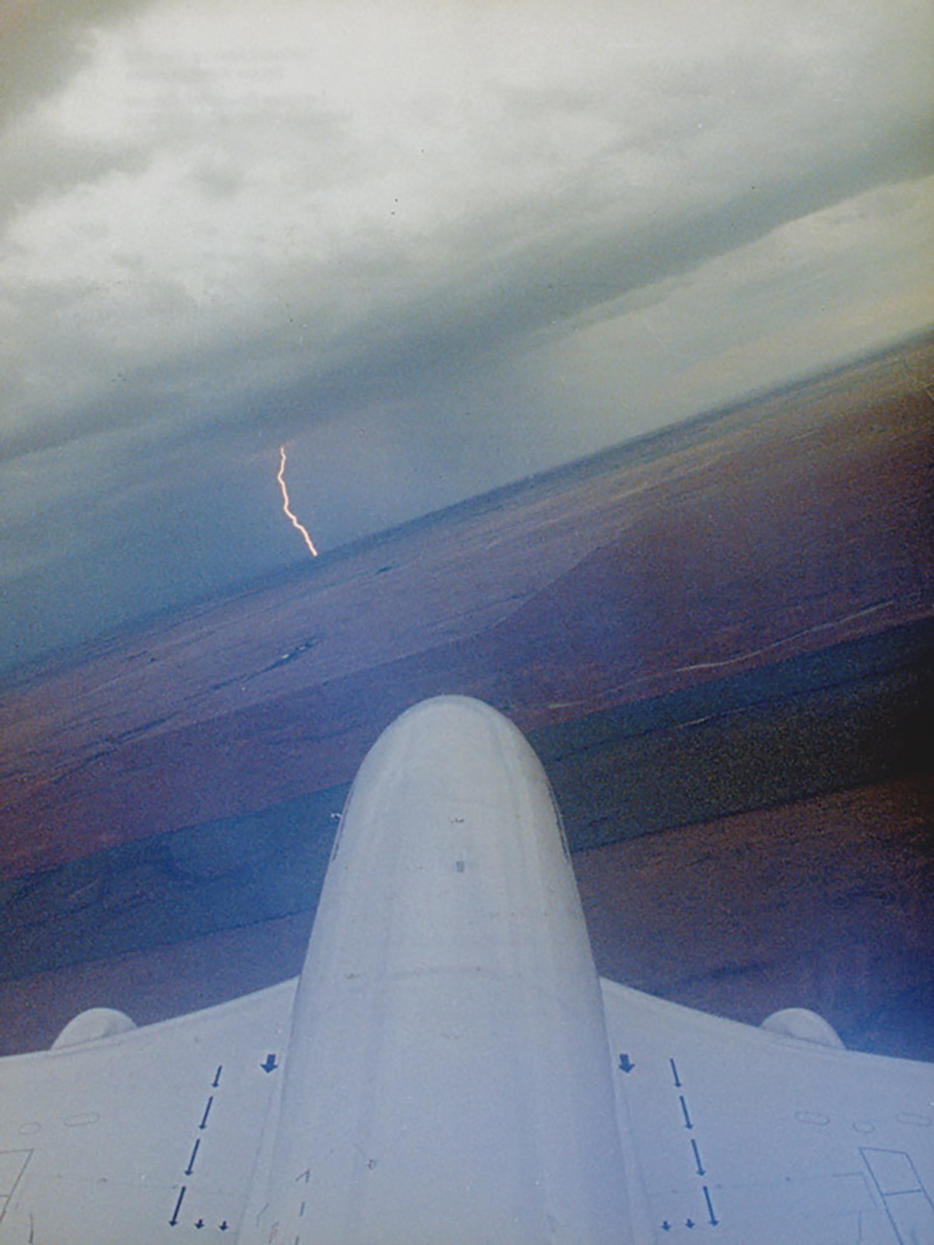 A tail-mounted camera on board NASA’s Boeing 737 as it approached a thunderstorm during microburst wind shear research.