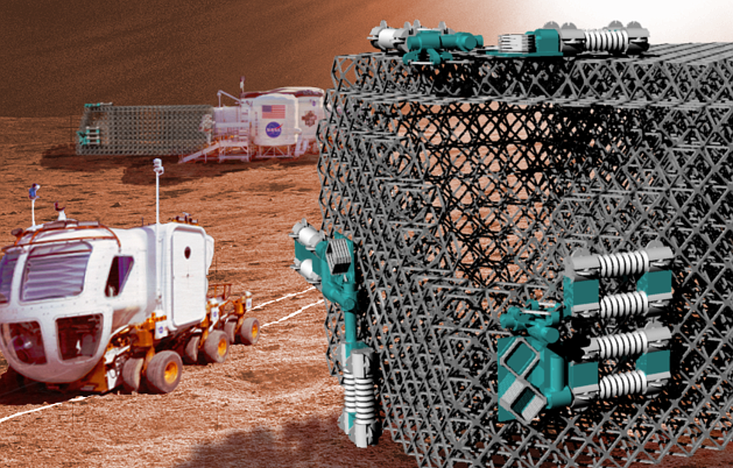Artist conception of space structures robotically assembled from discrete building blocks.