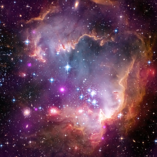 A composite image of the Small Magellanic Cloud's Wing region using data from the Chandra X-ray Observatory, Hubble Space Telescope, and Spitzer Space Telescope.