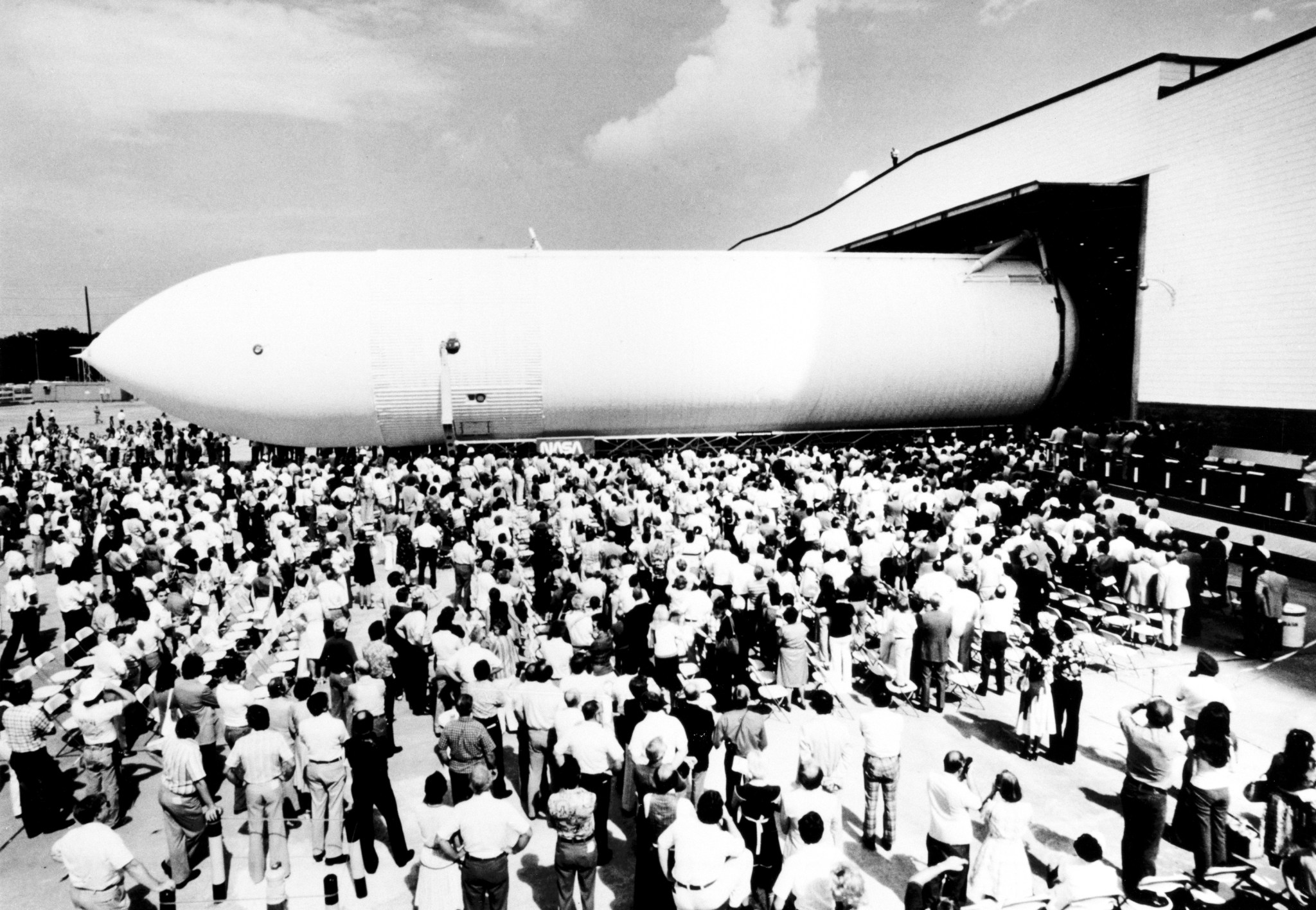 The first Space Shuttle External Tank, the main propulsion test article, rolls off the assembly line at Michoud on Sept. 9, 1977