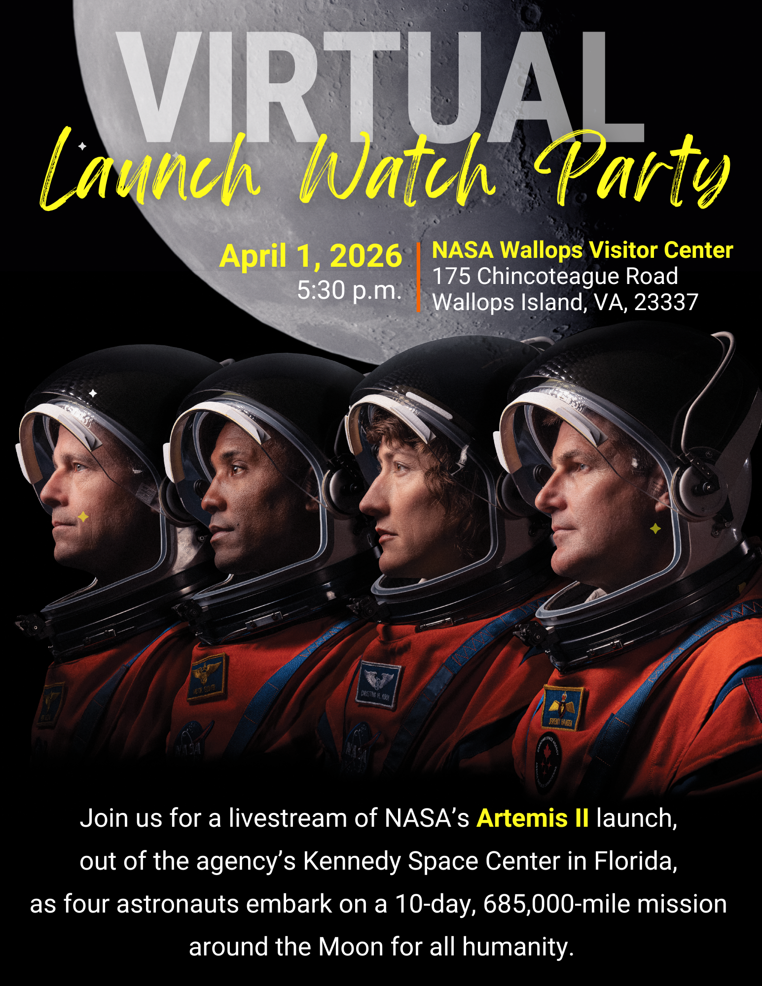 Four astronauts wearing orange suits and open helmets showing their faces are lined up side-by-side in front of an image of the moon with black background. White and yellow text appears on top and bottom of image.