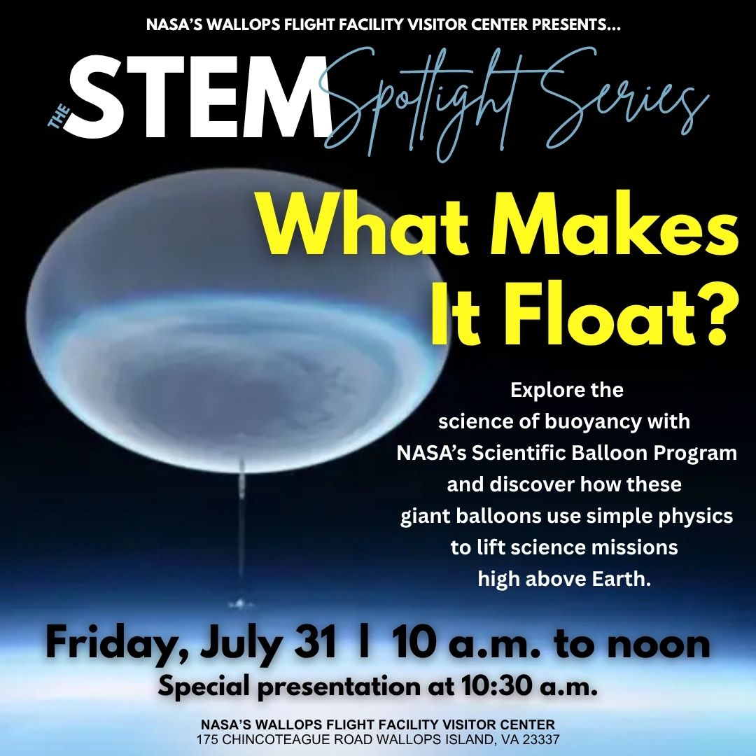 Flyer for the NASA Wallops Visitor Center STEM Spotlight Series. Against a dark background, a NASA scientific super pressure balloon floats high above Earth with the title, "What Makes It Float?' The flyer invites visitors to explore the science of buoyancy. It includes event date, time, and location at the NASA Wallops Visitor Center.