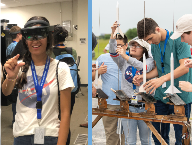 (Left) A High School Aerospace Scholar student tests out augmented reality in a lab at NASA's Johnson Space Center. (Right) High School Aerospace Scholars prepare for launch during rocket night.