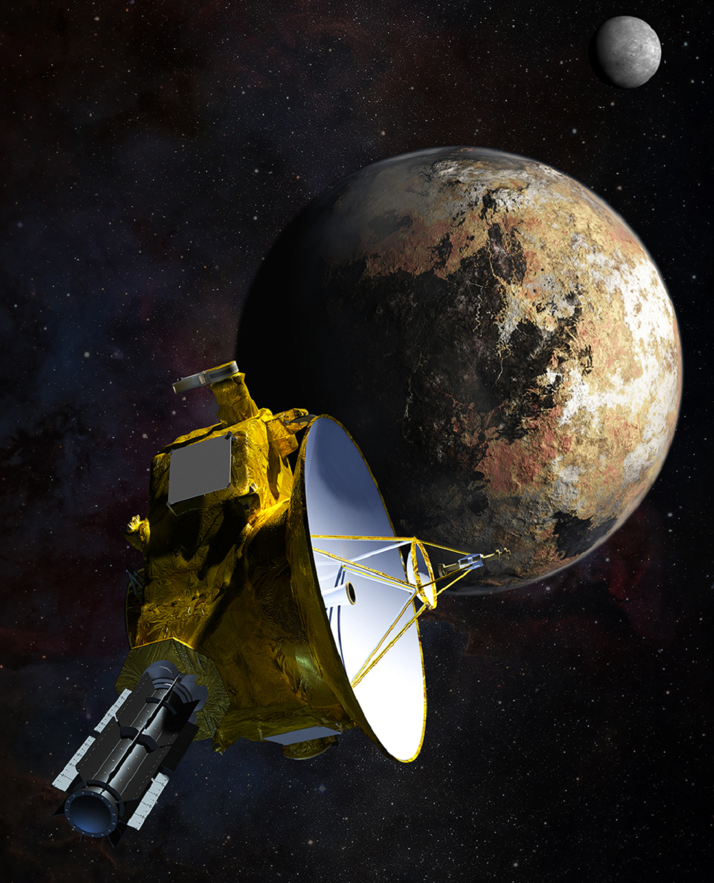 A drawing of a spacecraft and a partial view of Pluto with Charon in the distance