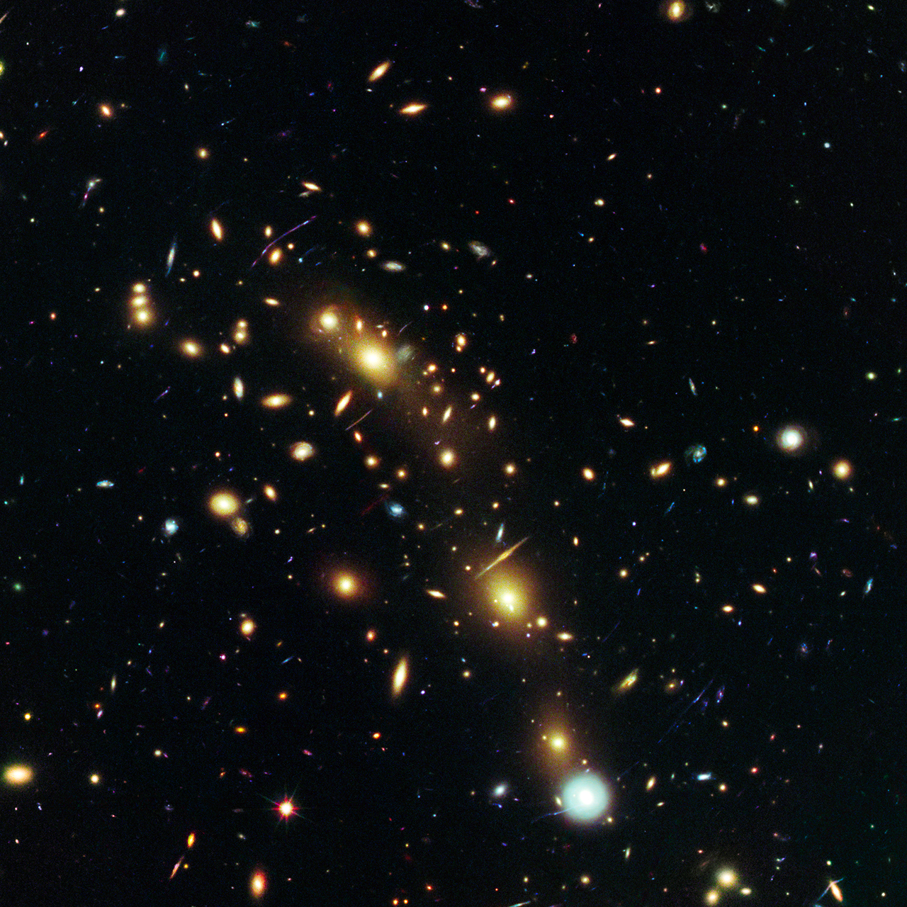 A composite image of a galaxy cluster using data from Hubble Space Telescope