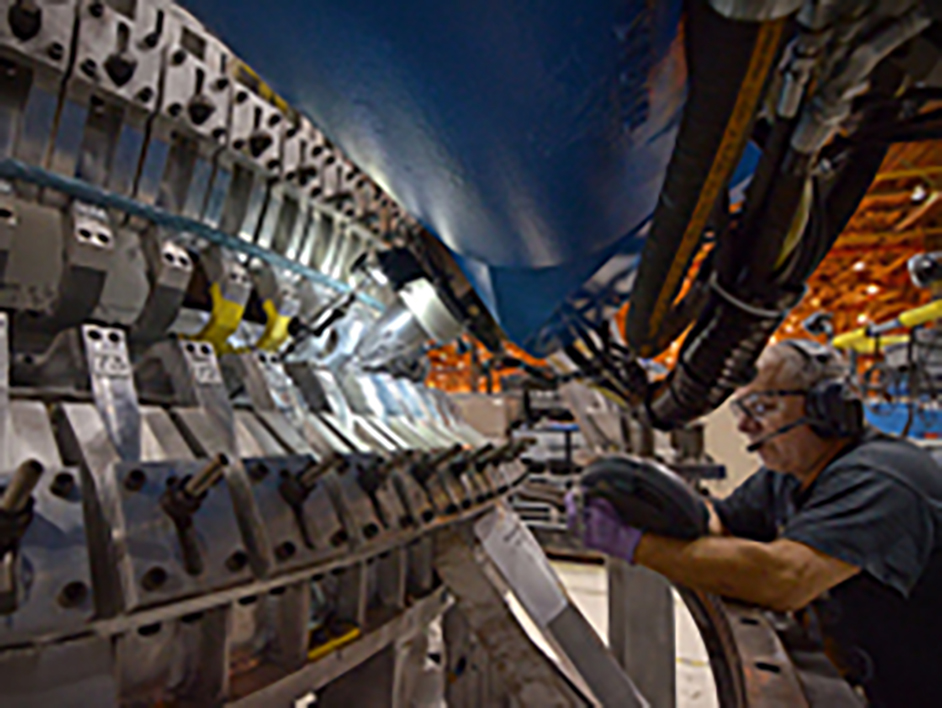 A pathfinder weld is completed on the first spacebound Orion crew vehicle at NASA's Michoud Assembly Facility in New Orleans.