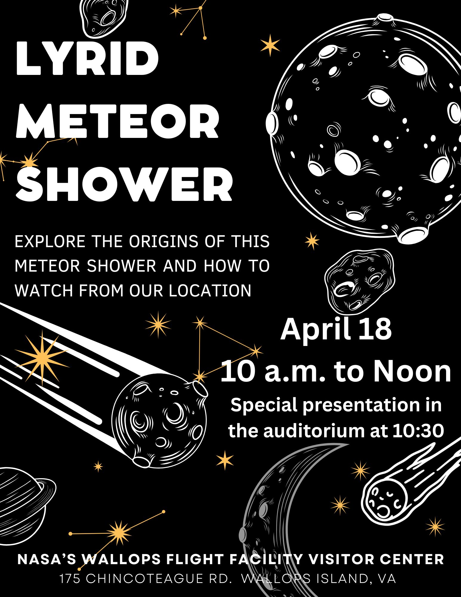 A poster explaining the Wallops VC Lyrid Meteor Shower public event for April 18 from 10:00 a.m. to noon with a special presentation at 10:30