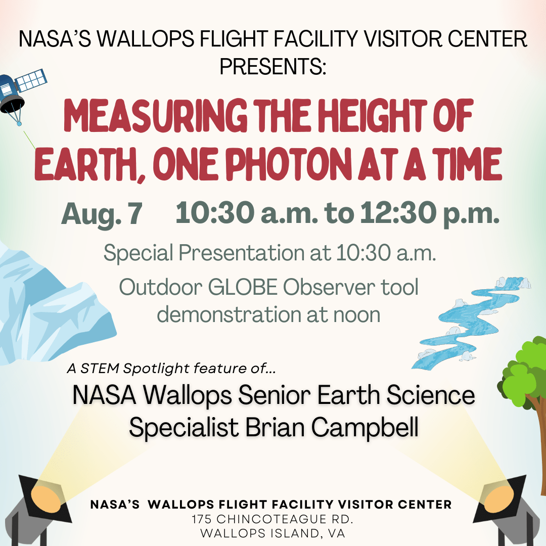 beige background with red text that reads: Measuring the Height of Earth, One Photon at a Time on aug. 7 from 10 a.m. to 12:30 p.m. at the Wallops Visitor Center