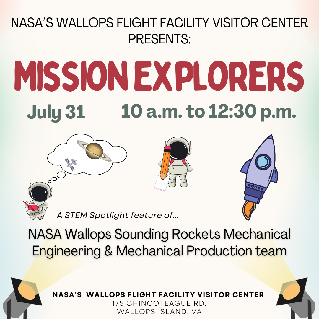 beige background with red text that reads: Mission Explorers on July 31 from 10 a.m. to 12:30 p.m. at the Wallops Visitor Center