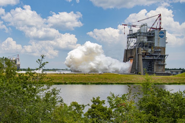 full duration hot fire of the RS-25 certification engine May 23 on the Fred Haise Test Stand at NASA’s Stennis Space Center near Bay St. Louis, Mississippi