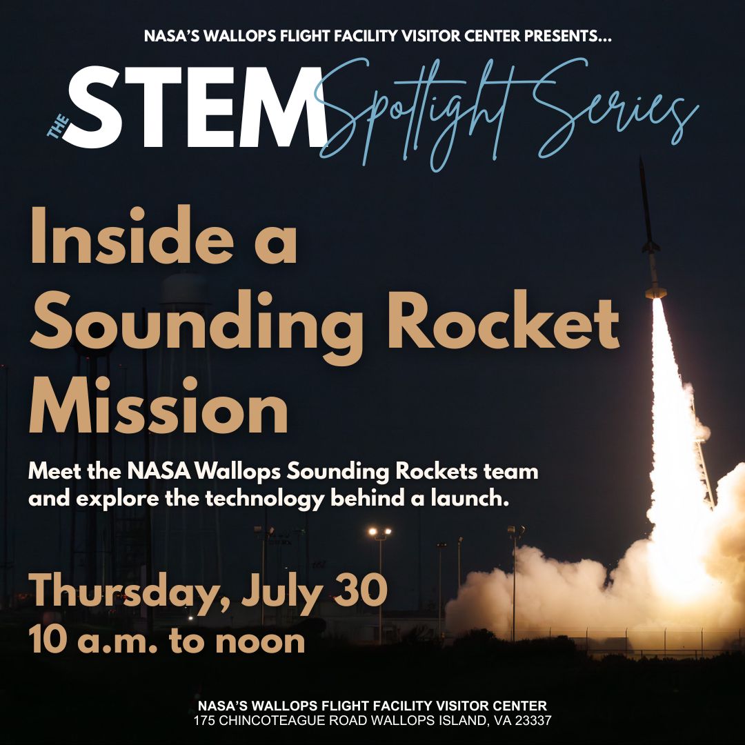 Flyer for the NASA Wallops Visitor Center STEM Spotlight Series. Against a black background, a sounding rocket launches into the dark sky behind the event title, "Inside a Sounding Rocket Mission." The flyer invites visitors to meet the NASA Wallops sounding rocket team and learn about technology behind a launch. It includes the event date, time and location a the NASA Wallops Visitor Center.