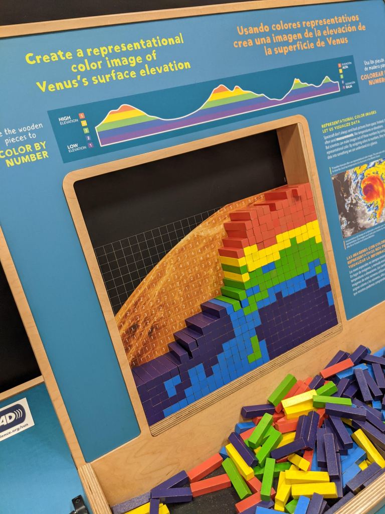 a blue sign surrounds small wooden blocks that are stacked in layers of color, blue and purple on the bottom, green and yellow in the middle and red on top